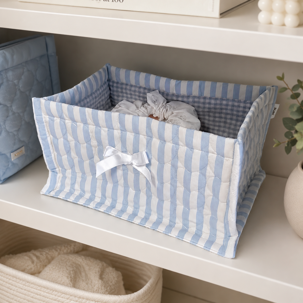 Blue Striped Quilted  Storage Basket