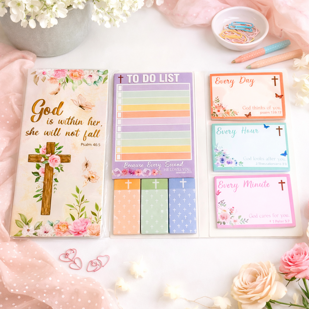 Colorful foldable sticky notepads set featuring a 'To Do List' pad, cross-patterned tabs, and three quote pads with religious themes.