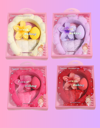 Makeup headband and wristband set with flower detail, including sponge applicator, available in four assorted colors.