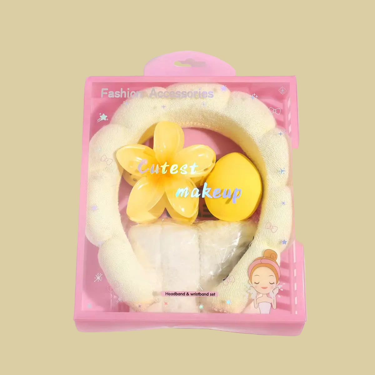 Packaged headband with yellow flowers and text 'Cutest makeup' on a white background