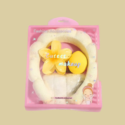 Packaged headband with yellow flowers and text 'Cutest makeup' on a white background