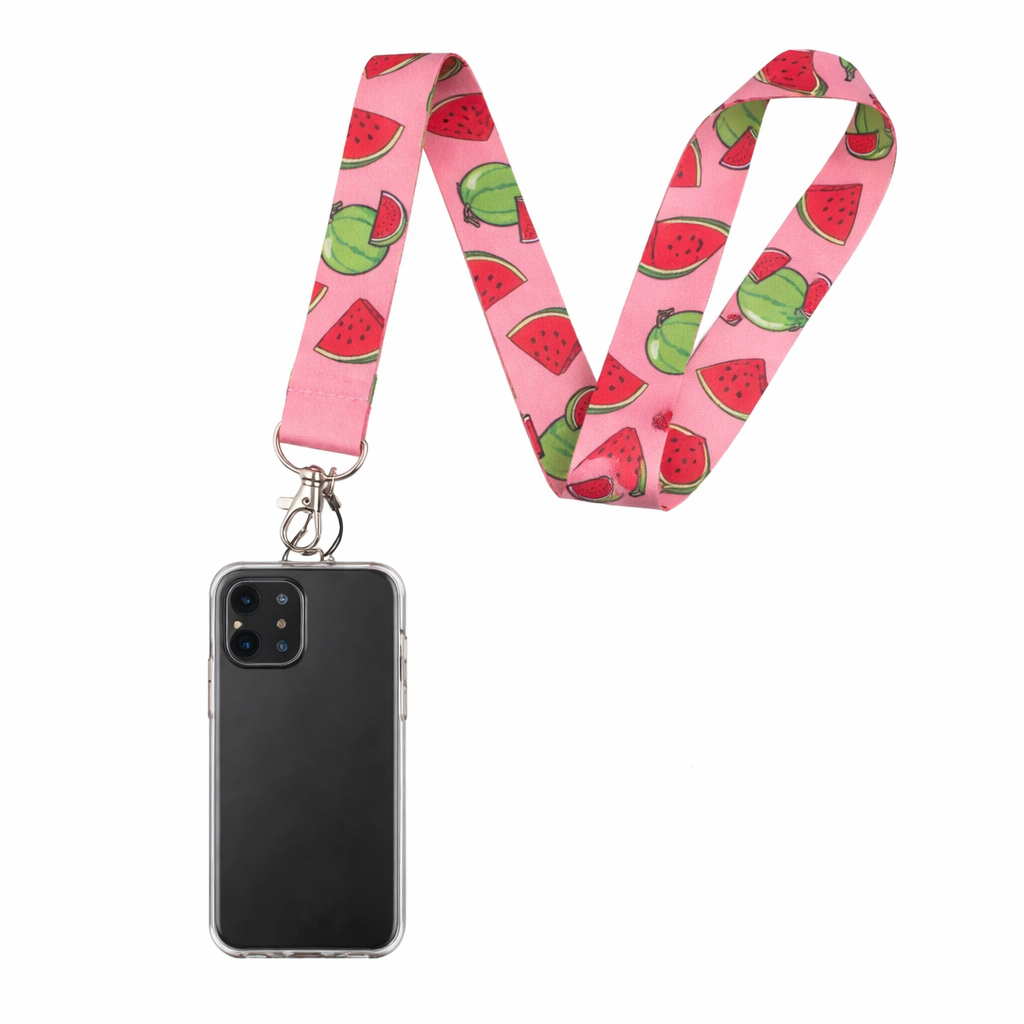 Pink phone lanyard with a watermelon pattern, holding a black smartphone in a clear case.