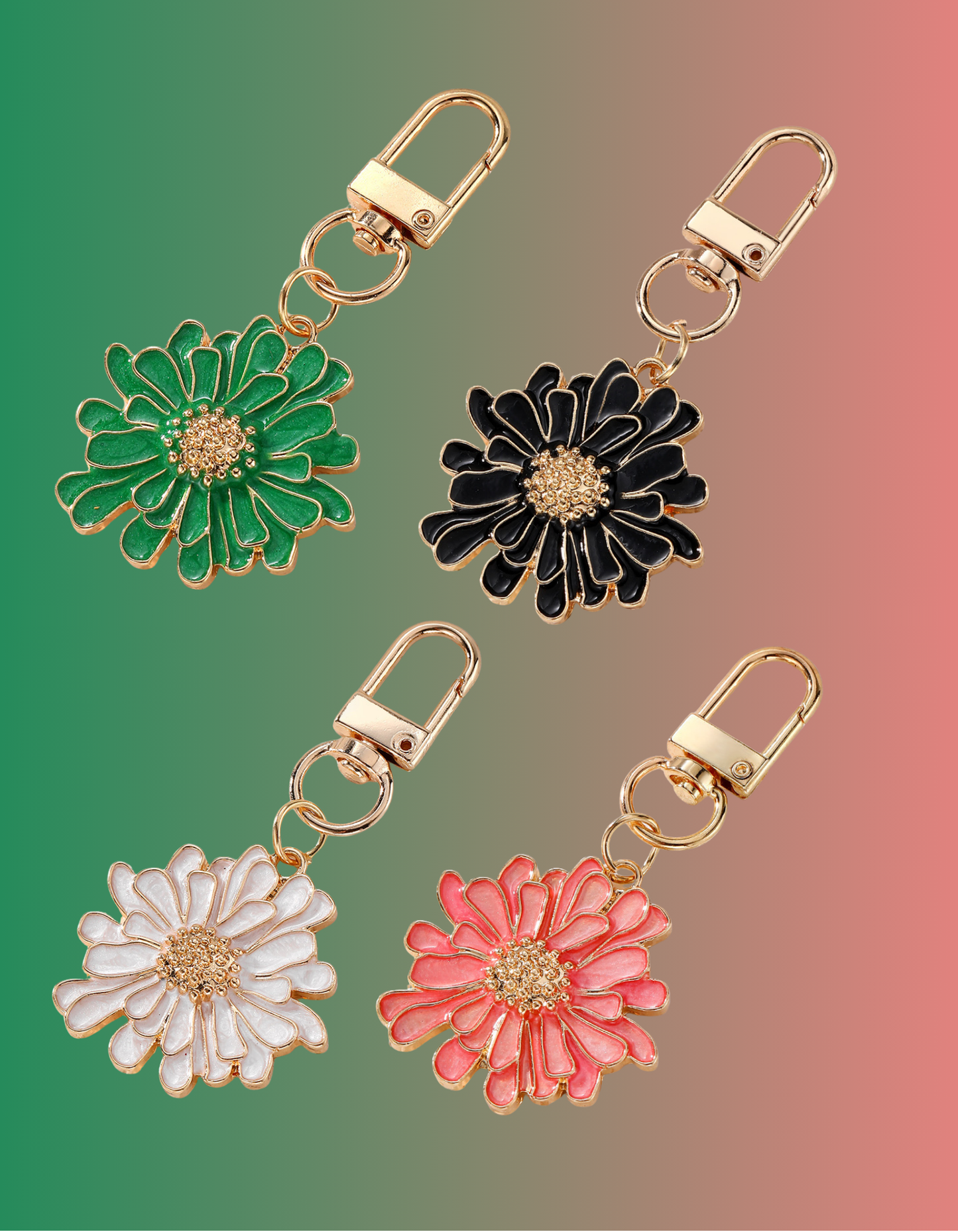 Daisy bag charms in four colors with gold hardware.