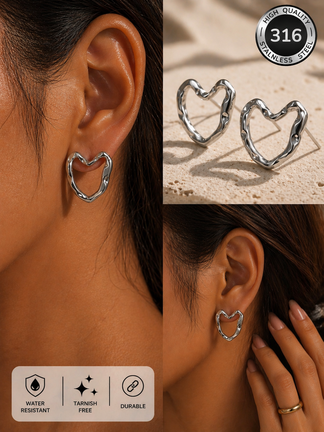 Silver 316 Stainless Steel Hallow Love earrings with irregular, textured heart shapes, one worn by a model.