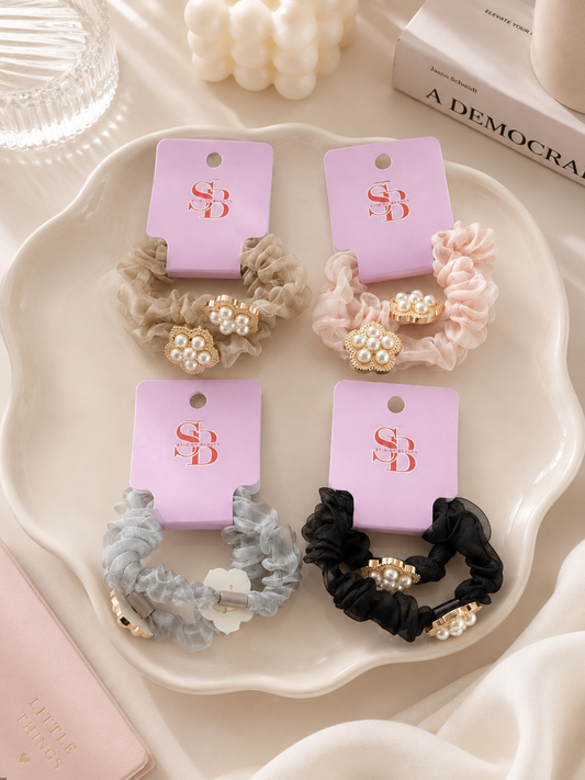 Pearl Flower Chiffon Hair Scrunchies - 2 Piece
