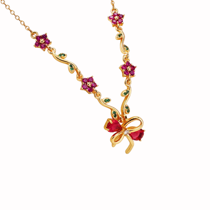 Crystal Bow & Floral Vine Pendant Necklace