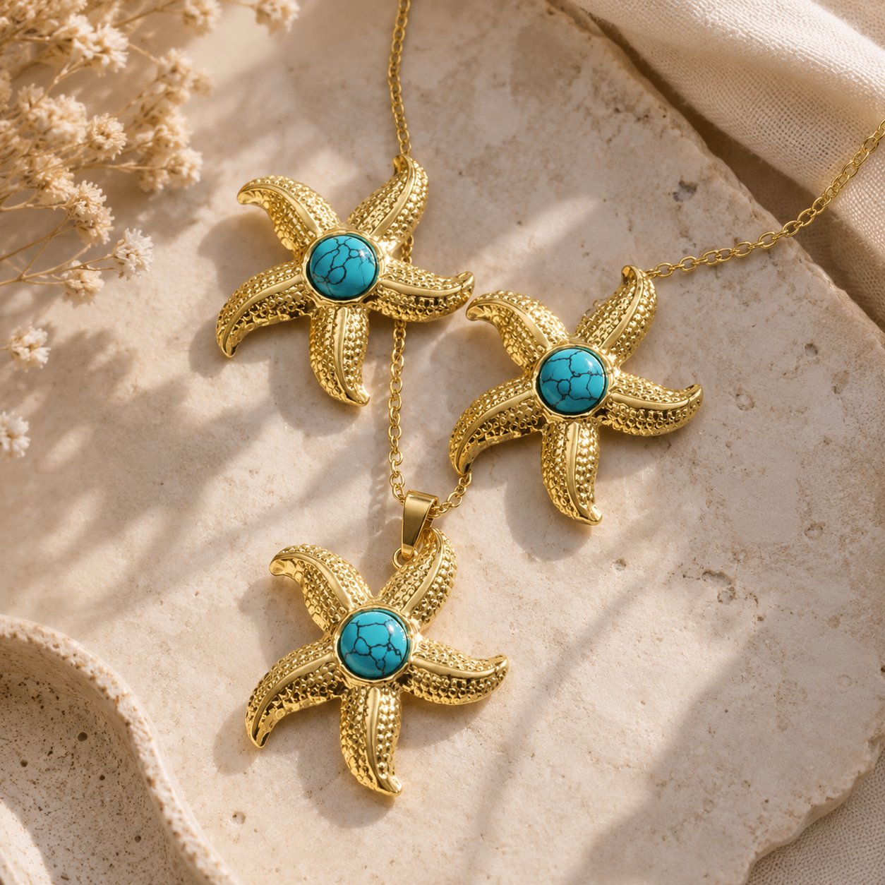 Turquoise Starfish Necklace & Stud Earrings Set| Tarnish Resistant B-36