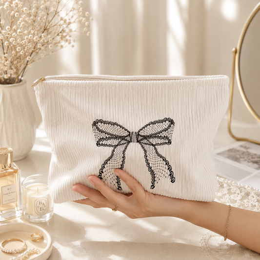 Lace Bow Corduroy Makeup Bag