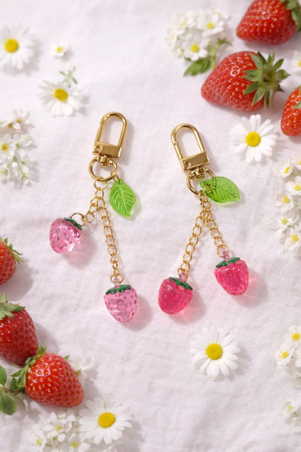 Two shiny pink and red strawberry charms with gold clasps and green leaves, displayed on white fabric with fresh strawberries and small white flowers.