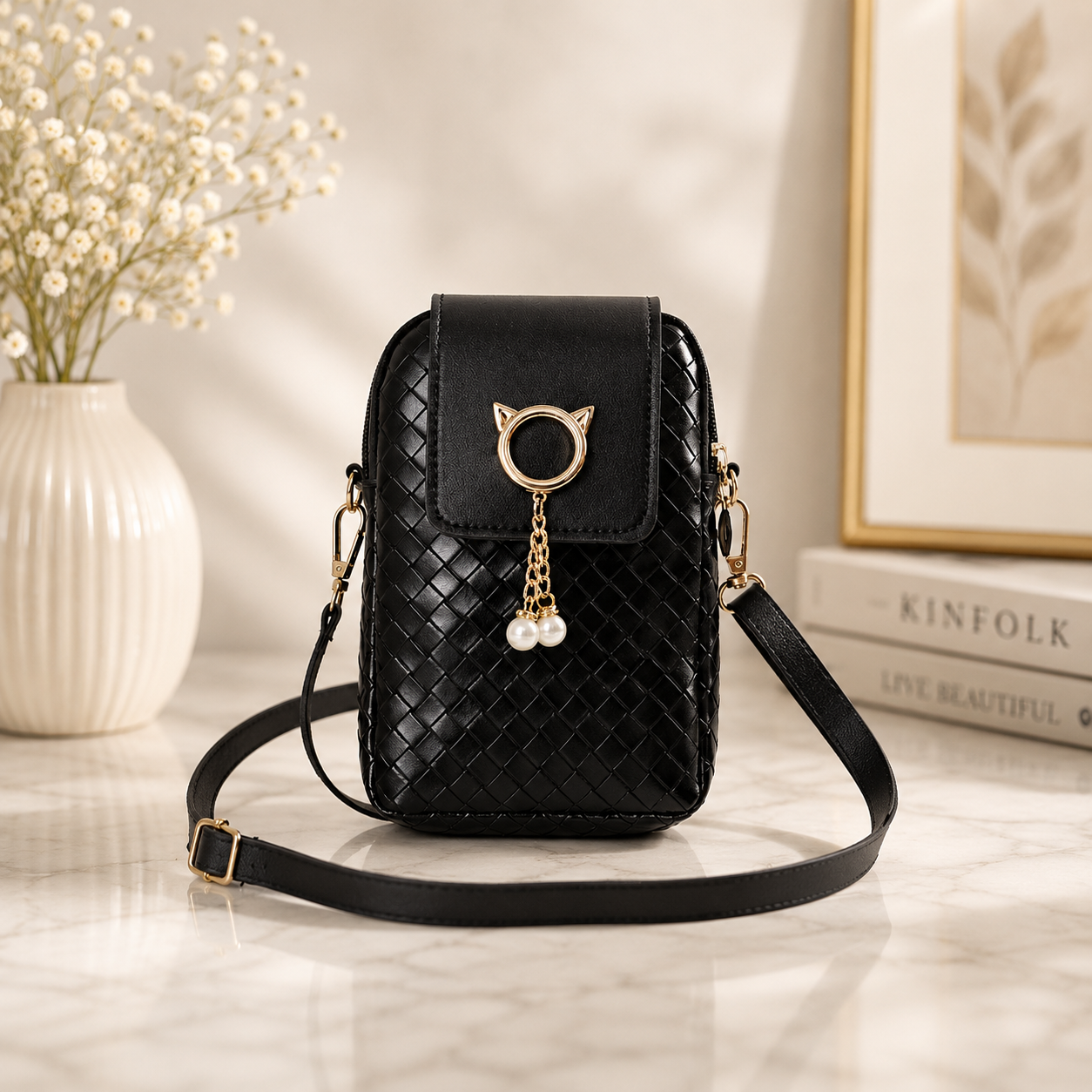 Black woven phone crossbody pouch featuring a gold cat-ear ring and pearl charm, displayed on a marble surface.