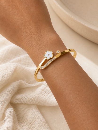 White Flower Crystal Bangle  |Tarnish Resistant