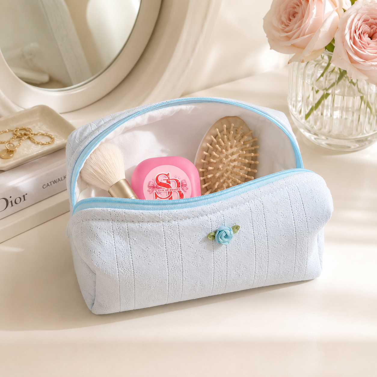 The Rosebud Makeup Bag | Eyelet Cotton Cosmetic Pouch