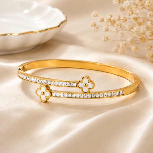 Gold Crystal Clover Cuff Bangle Bracelet - Tarnished Resistant