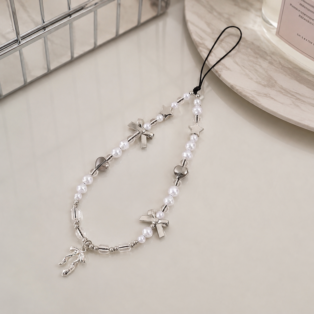 Silver Bow Pearl Phone Strap