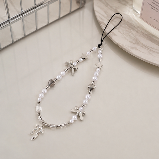 Silver Bow Pearl Phone Strap