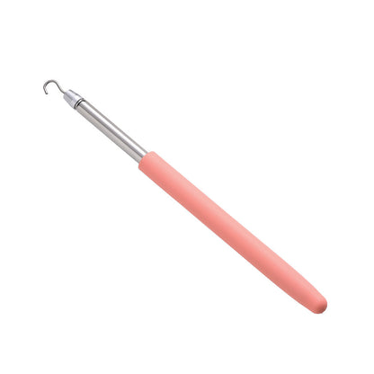 Pink and silver Bracelet Clasp Helper Tool with a metal hook and a smooth handle, angled on a white background.
