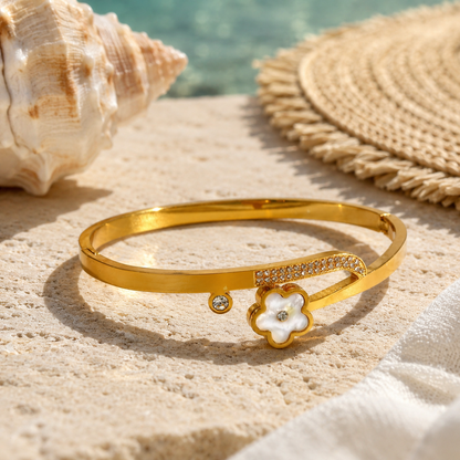 White Flower Crystal Bangle  |Tarnish Resistant