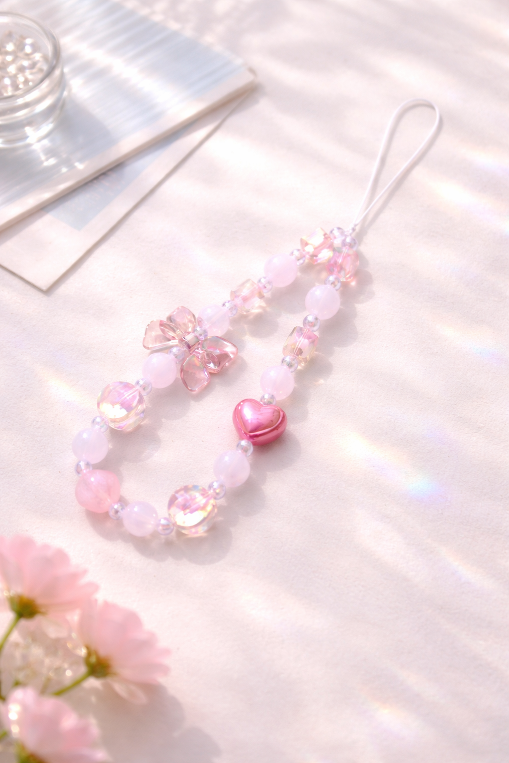Pink and iridescent beaded phone charms, featuring butterfly and heart beads, on a light pink surface with prismatic sunlight.