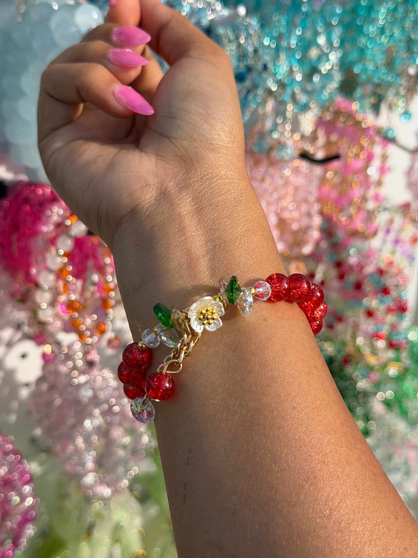 Red Daisy Crystal Charm Beaded Bracelet