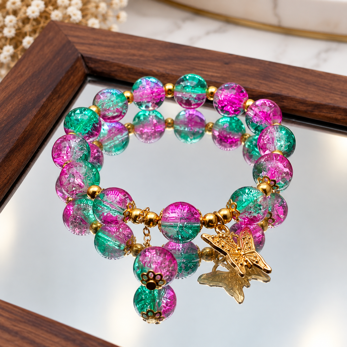 Gold Crackle Glass Butterfly Charm Bracelet