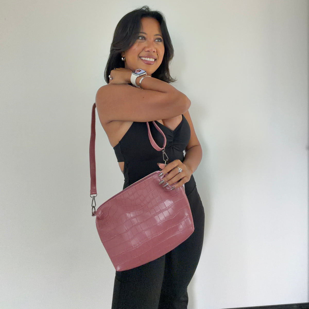 Faux Leather Croc Crossbody Bag