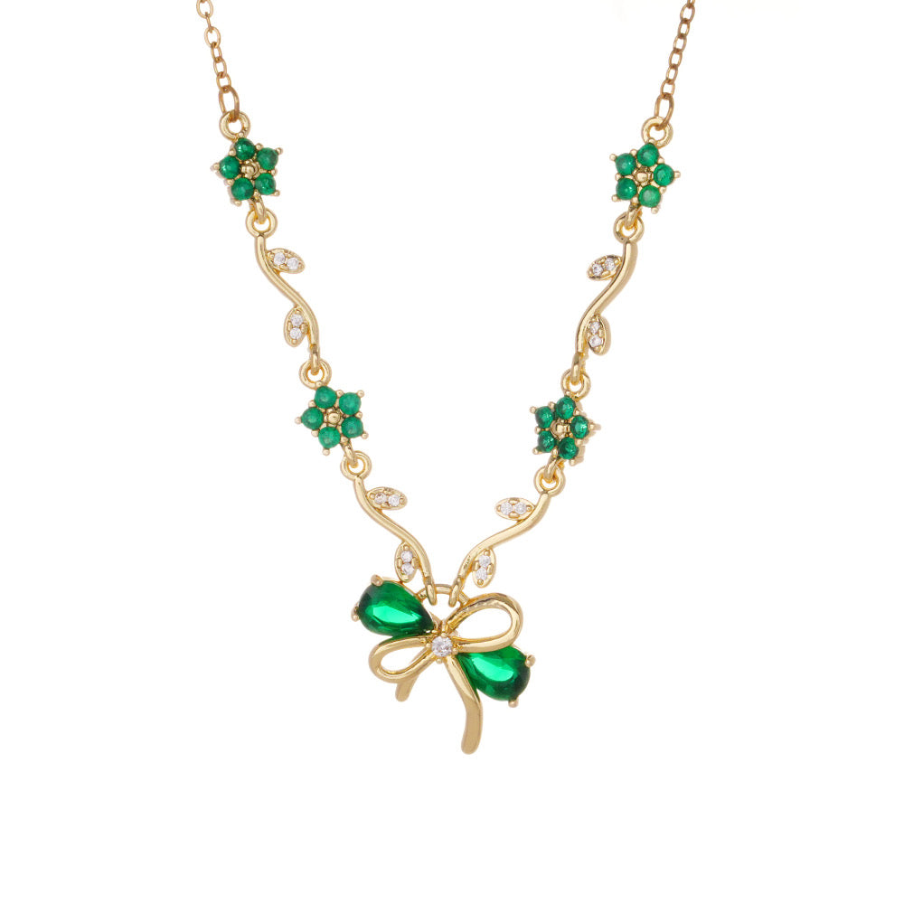 Crystal Bow & Floral Vine Pendant Necklace