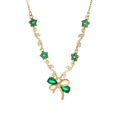 Crystal Bow & Floral Vine Pendant Necklace