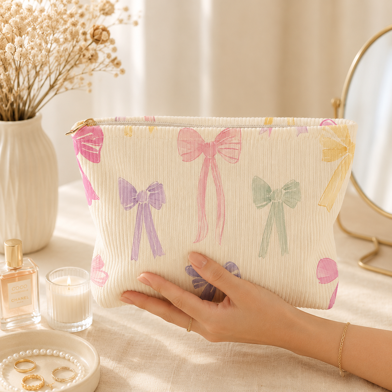 Pastel Bow Corduroy Makeup Bag