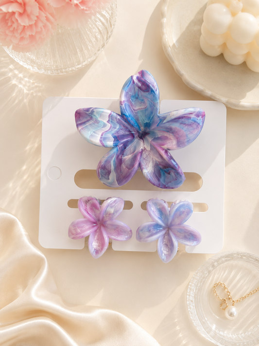 3 Piece Lilac Marble Flower Hair Clip Set