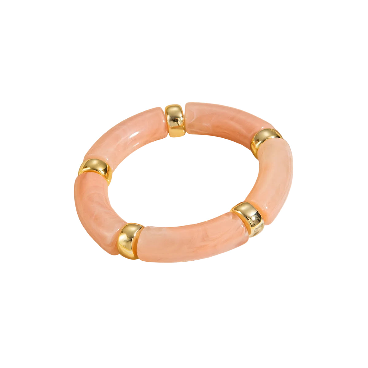 Peachy-pink marbled stretch bracelet with smooth, tube-shaped segments separated by small gold beads.