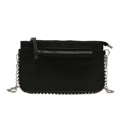 Black mini chain bag by an unknown vendor, featuring a front zipper pocket and studded edges.