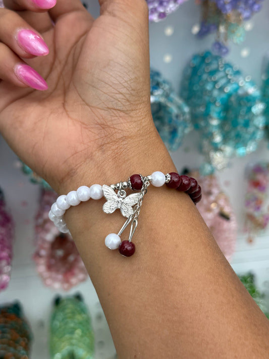 Wine Butterfly Pearl Beaded Bracelet
