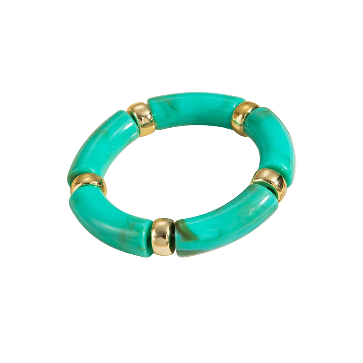 Teal curved segment bracelet featuring polished, subtly marbled pieces separated by small, shiny gold spacer beads.