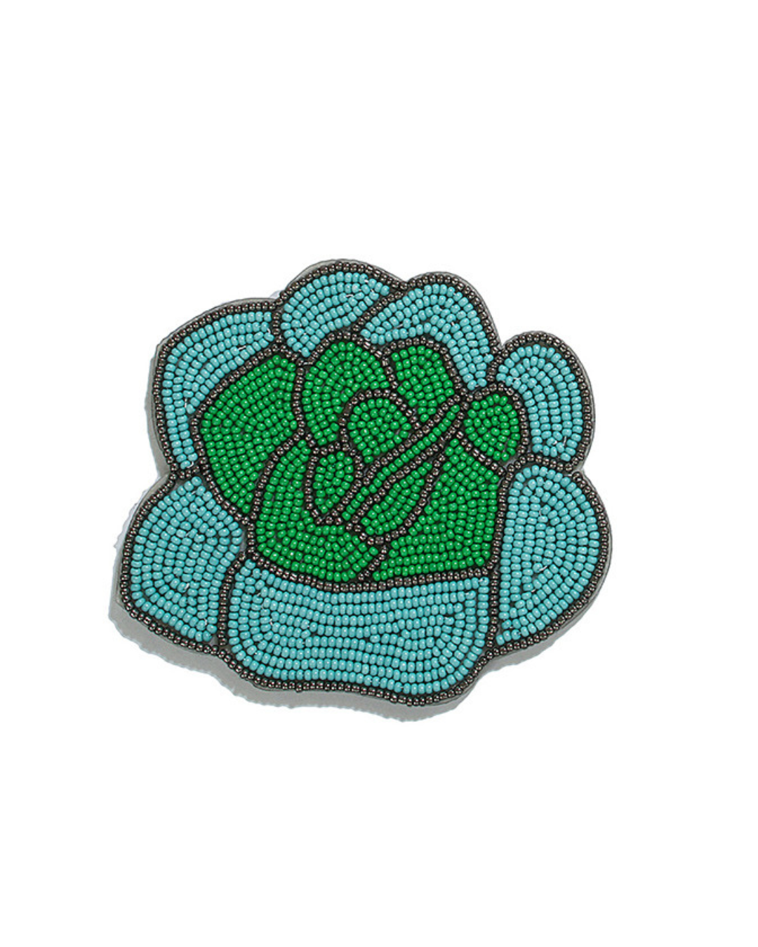 A beaded Rose Coaster with green inner petals and turquoise outer petals, outlined in dark grey.