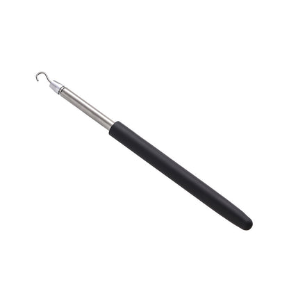 Silver metal and black bracelet clasp helper tool with a hook end and smooth handle, angled view.