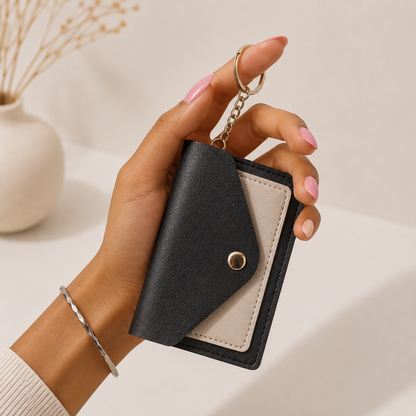 Black and beige snap card holder with gold-tone button and chain keyring, held in hand with pink nails and silver bracelet, side view