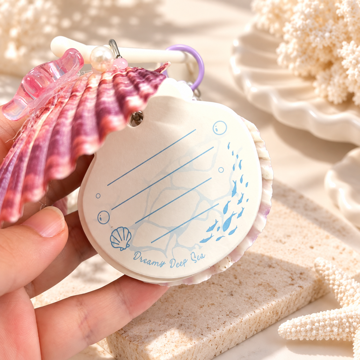Mermaid Seashell Mini Notepad Keychain with Beaded Charm 🧜‍♀️🐚✨