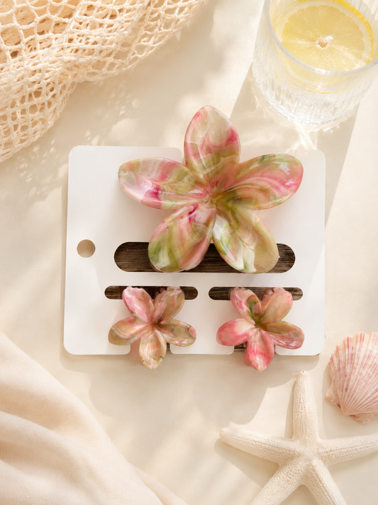 3 Piece Pink Guava Marble Flower Hair Clip Set