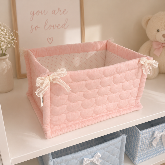 Pink Puff Heart Quilted  Storage Basket