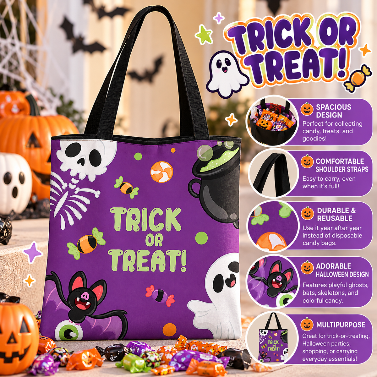 🎃 Halloween Trick or Treat Tote Bag – Reusable Candy Bag with Shoulder Straps