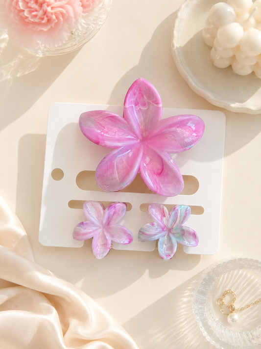 3 Piece Cotton Candy Marble Flower Hair Clip Set