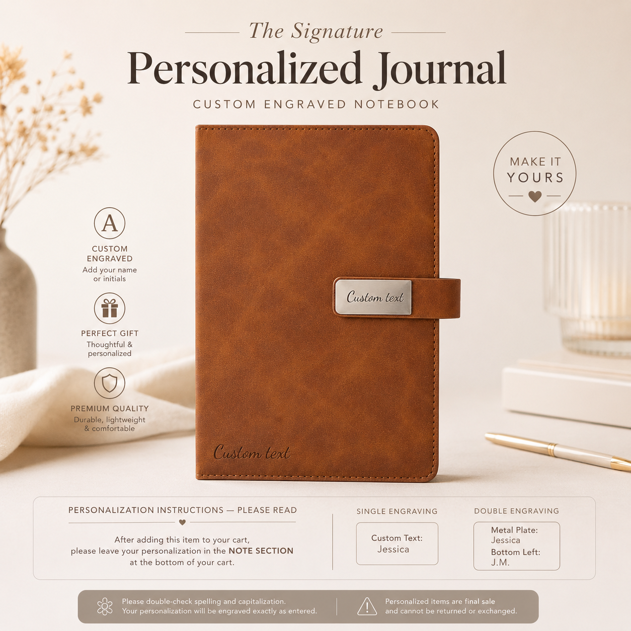 The Signature Personalized Journal | Custom Engraved Leather Notebook