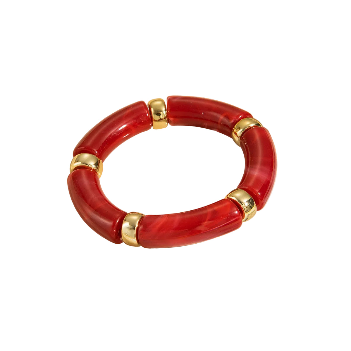Red and gold segmented bracelet with curved, swirled red sections and smooth gold spacers.
