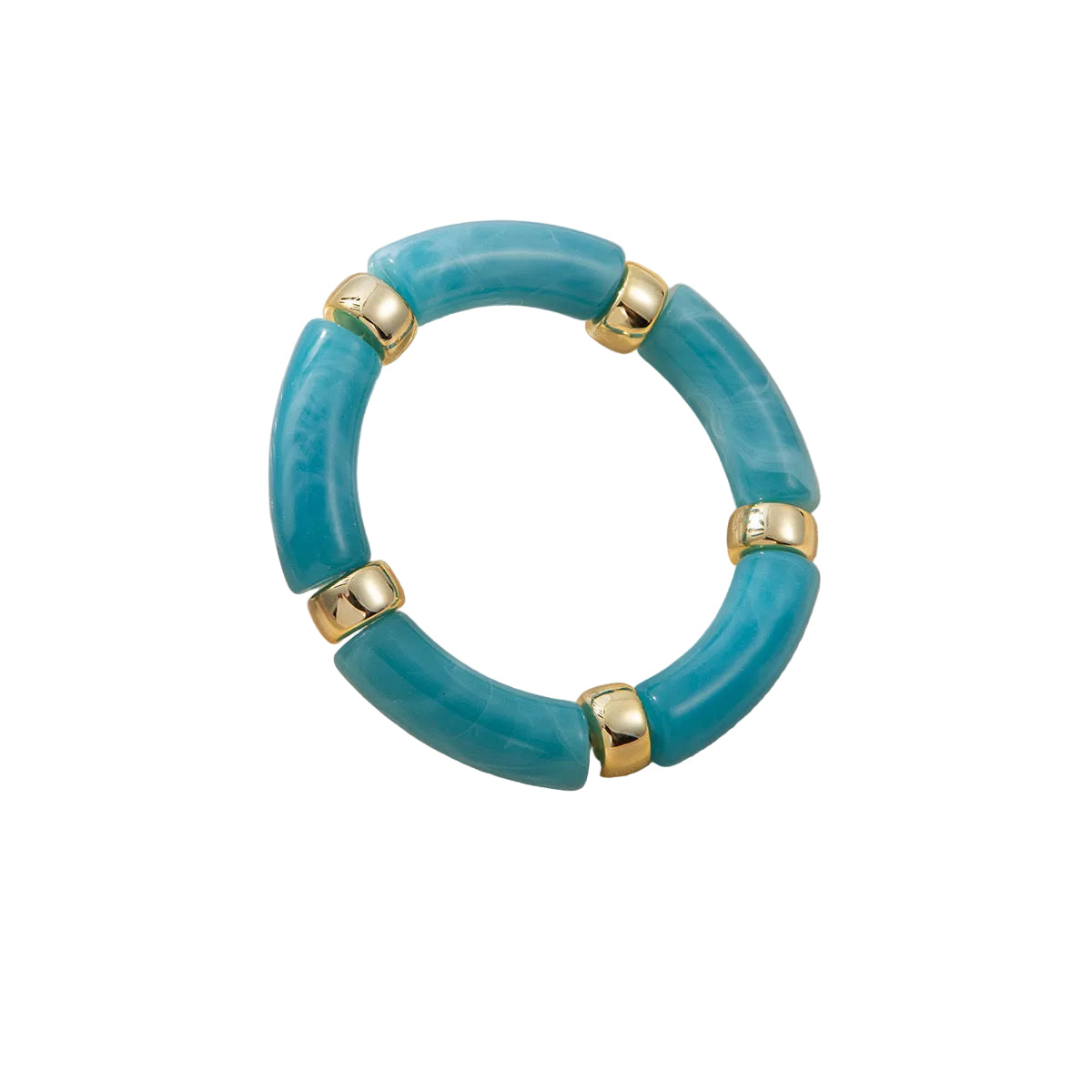 Marbled turquoise Riviera bracelet with curved beads and shiny gold-tone spacers.