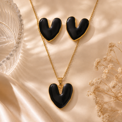 Black Enamel Heart Jewelry Set | Tarnish Resistant