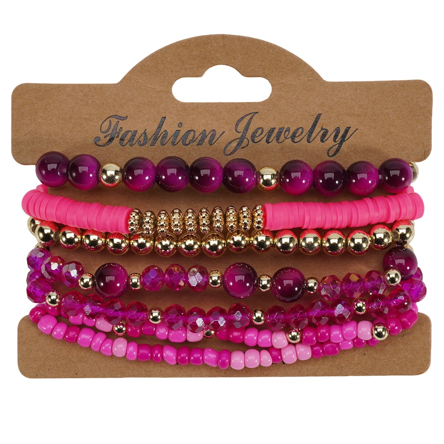 Bohemian style layered bracelets featuring magenta, pink, and gold beads of various shapes, displayed on a brown card.