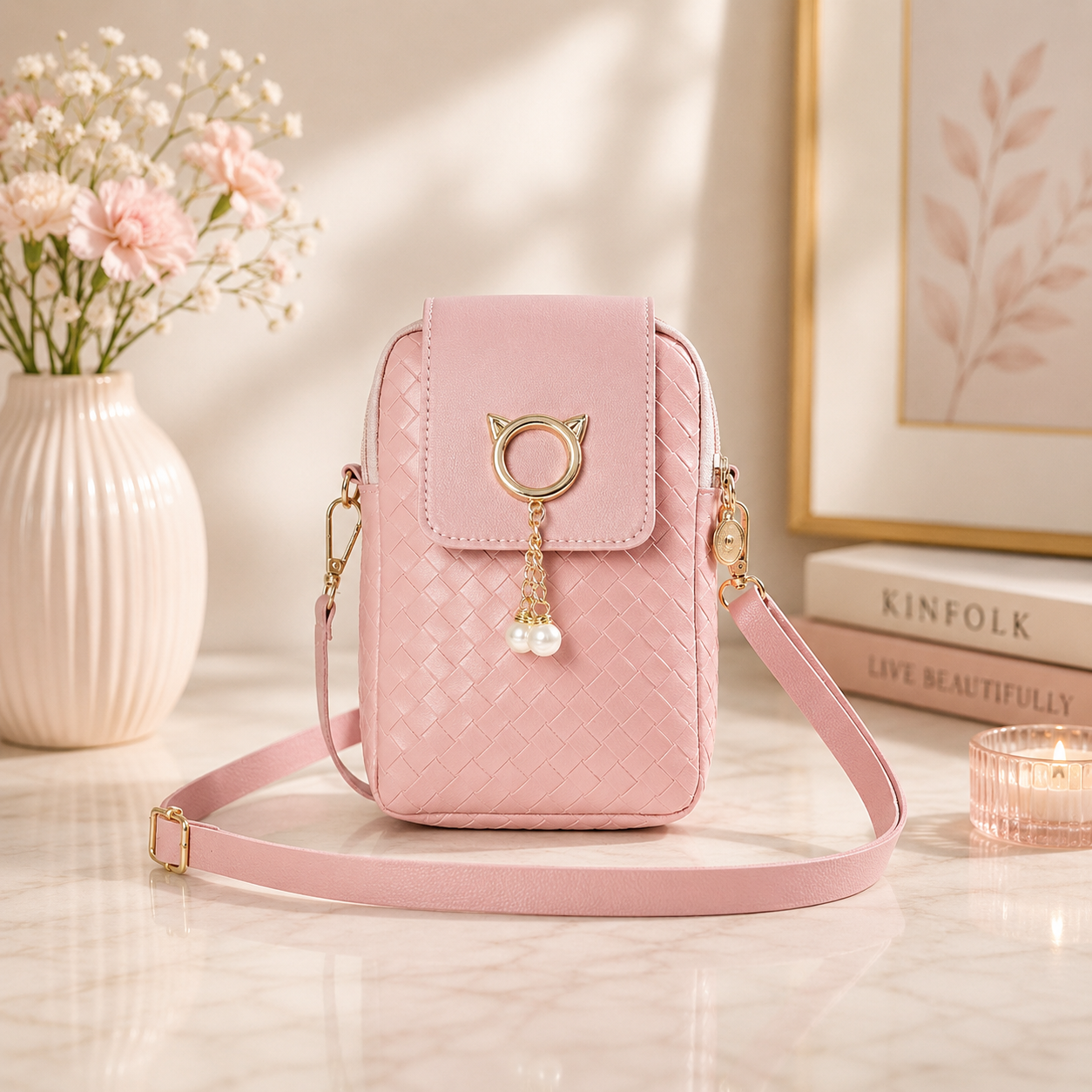 Pink woven phone crossbody pouch featuring a gold cat ring and pearl charm.
