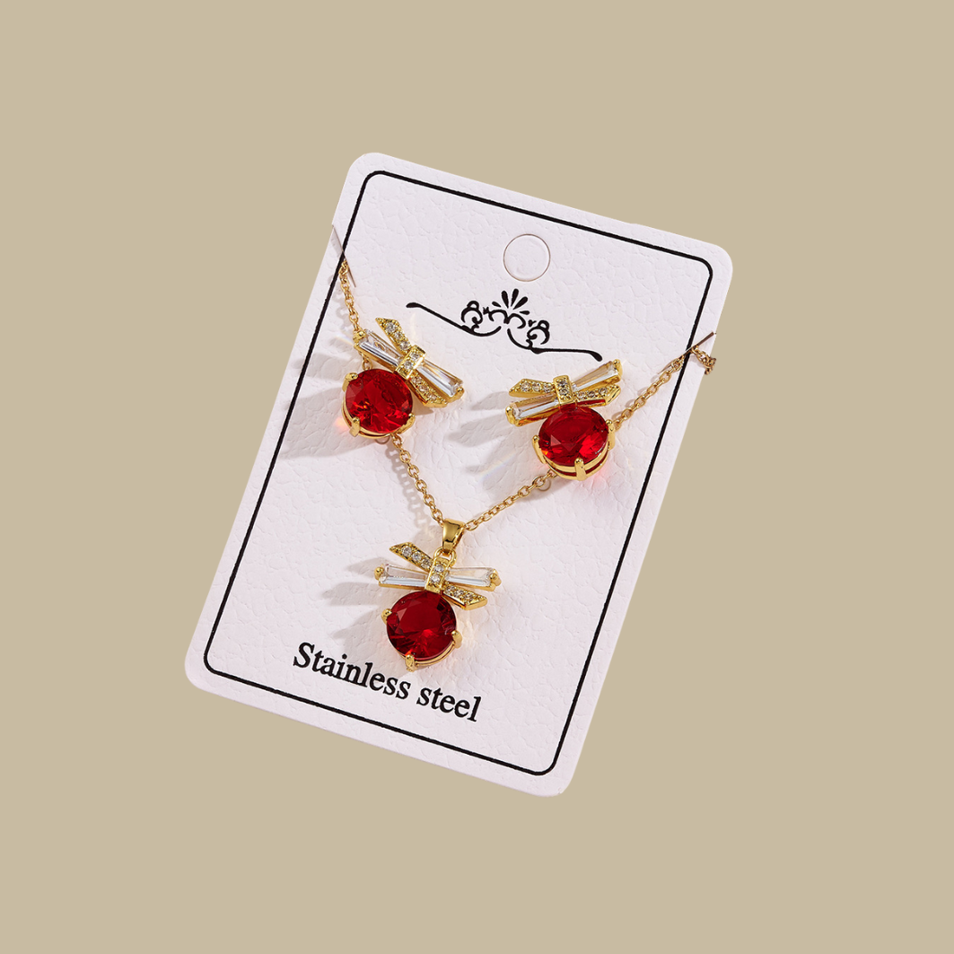 Red Bow Necklace & Earrings Set