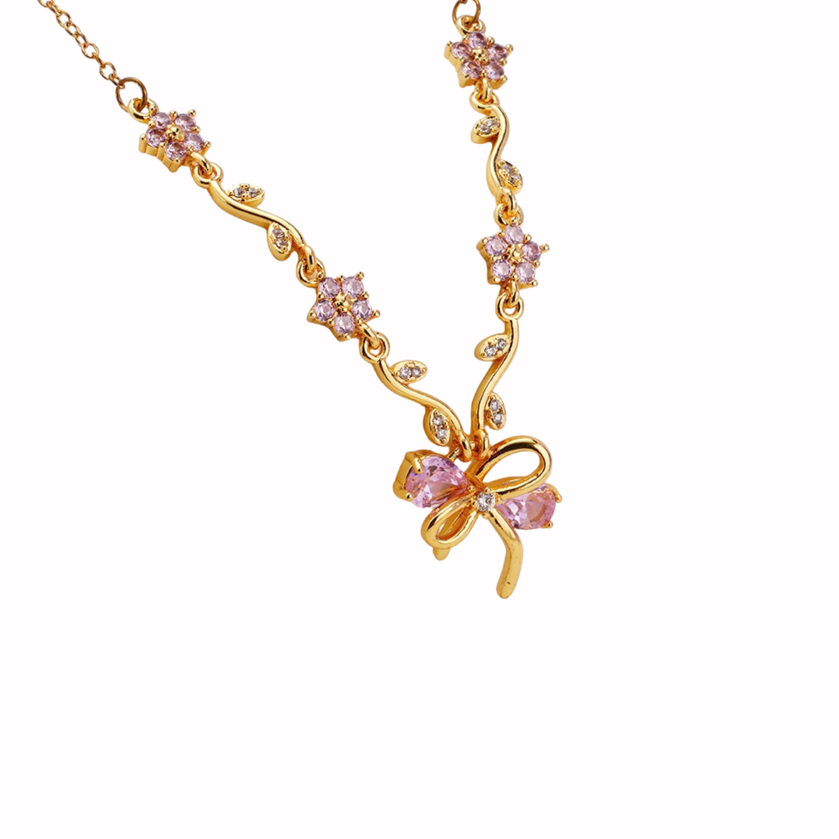 Crystal Bow & Floral Vine Pendant Necklace