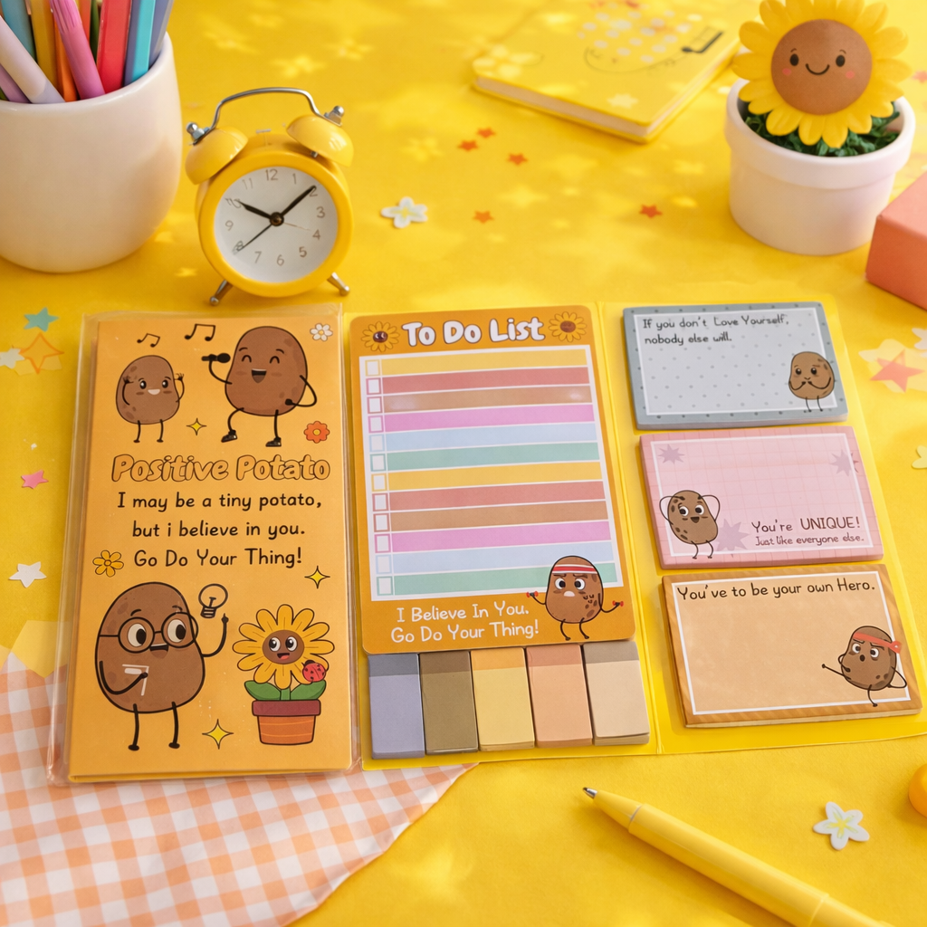 Foldable sticky notepads with a potato theme, displayed with a small clock and sunflower.
